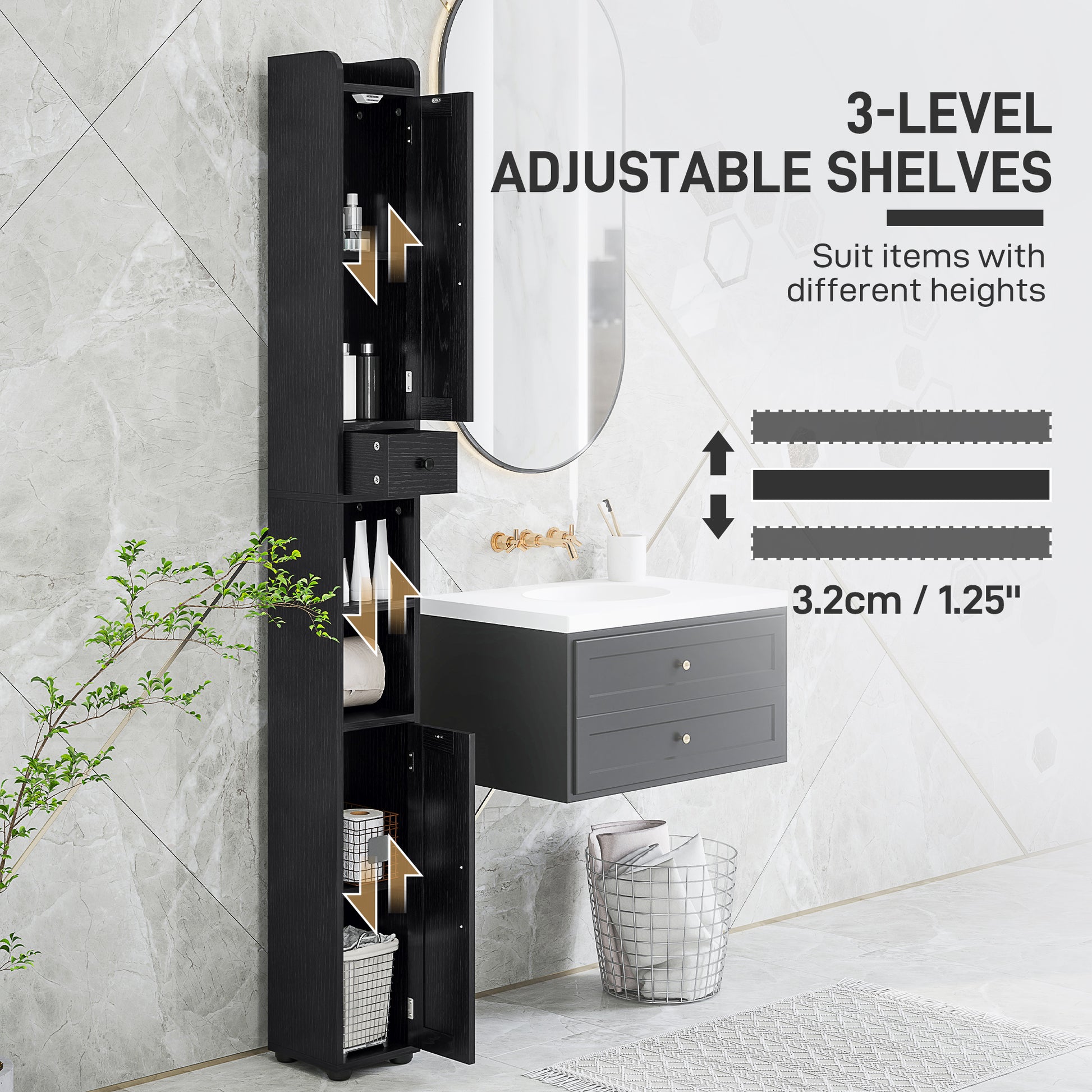 Narrow Bathroom Cabinet, Tall Bathroom Storage Cabinet with Barn Doors, Drawer and Adjustable Shelves, Black Wood Grain