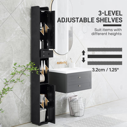 Narrow Bathroom Cabinet, Tall Bathroom Storage Cabinet with Barn Doors, Drawer and Adjustable Shelves, Black Wood Grain