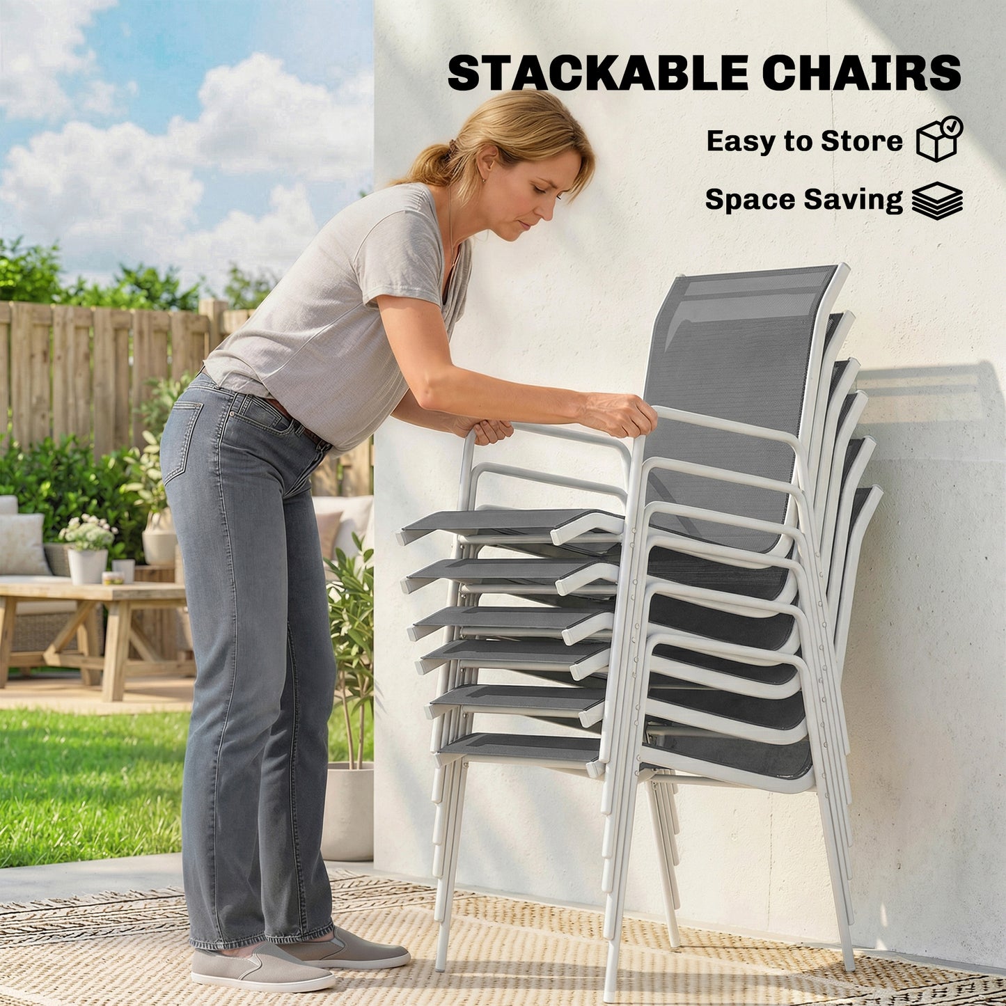 7 Piece Garden Dining Set, Garden Furniture Set with Rectangle Table and 6 Stackable Chairs