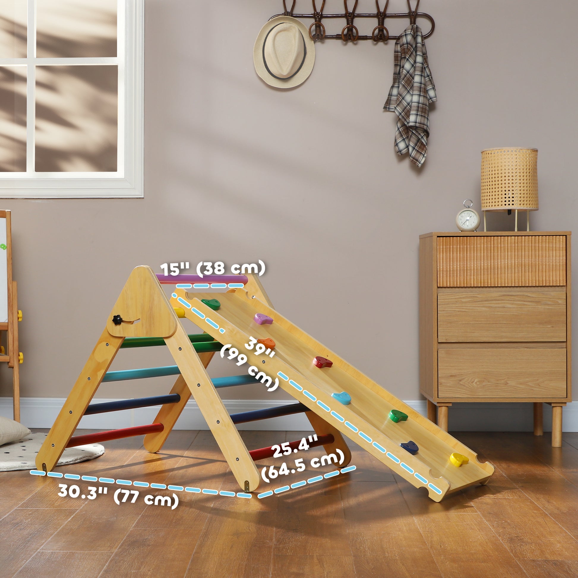 Qaba Pikler Triangle Set, 3 in 1 Climbing Toys with Ramp for Toddlers, Nature Wood
