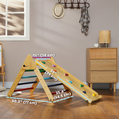 Qaba Pikler Triangle Set, 3 in 1 Climbing Toys with Ramp for Toddlers, Nature Wood