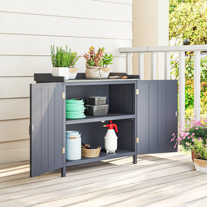 Garden Storage Cabinet, Outdoor Potting Bench Table with Galvanized Top and Shelf, Tool Shed with Double Doors, Grey