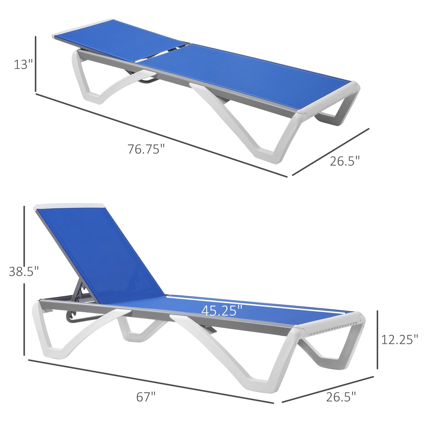 Outdoor Chaise Lounge Chair, Patio Aluminum Tanning Chair with 5-Level Adjustable Back, Portable Wheels, Breathable Mesh Fabric, for Pool, Deck, Garden, Blue