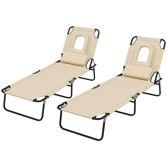 Folding Lounge Chair Set of 2, Reclining Beach Tanning Chair with Face Hole, Pillow, 4-Position Adjustable Flat Sun Lounger, Steel Frame for Outdoor Patio Pool, Beige