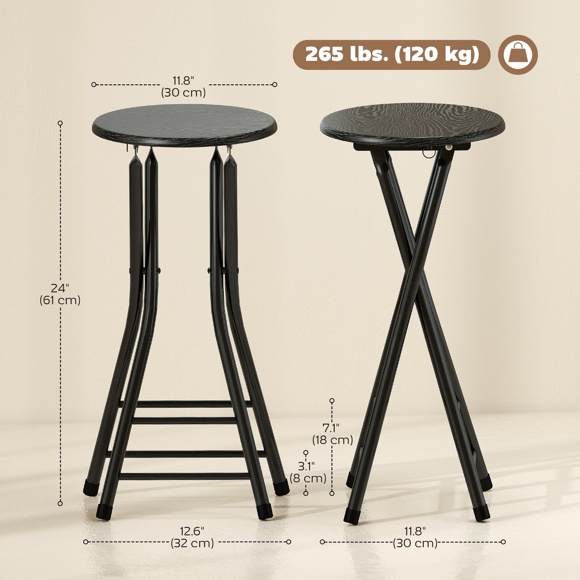Set of 4 Foldable Barstools, Counter Height Bar Stools with Footrest and Steel Legs for Kitchen Island, Black
