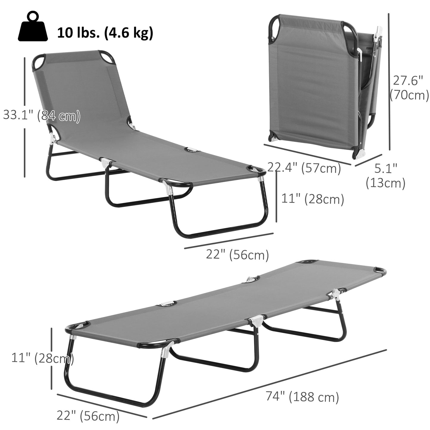 Outdoor Folding Lounge Chair, Steel Tanning Chair with Reclining Back, Breathable Mesh for Beach, Yard, Patio, Grey