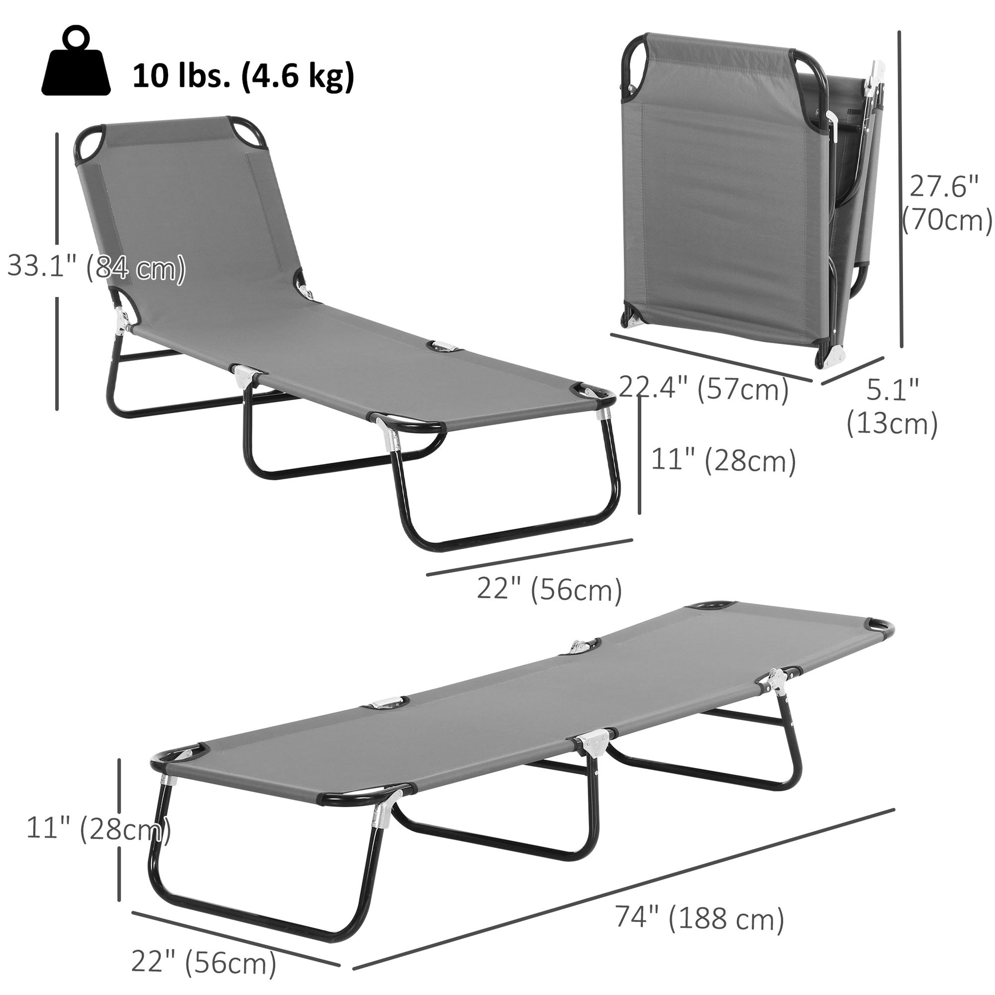 Outdoor Folding Lounge Chair, Steel Tanning Chair with Reclining Back, Breathable Mesh for Beach, Yard, Patio, Grey