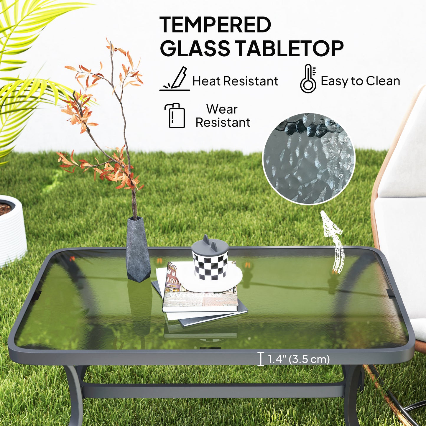 37" Patio Coffee Table with Tempered Glass Top, Outdoor Coffee Table with Metal Frame, Black