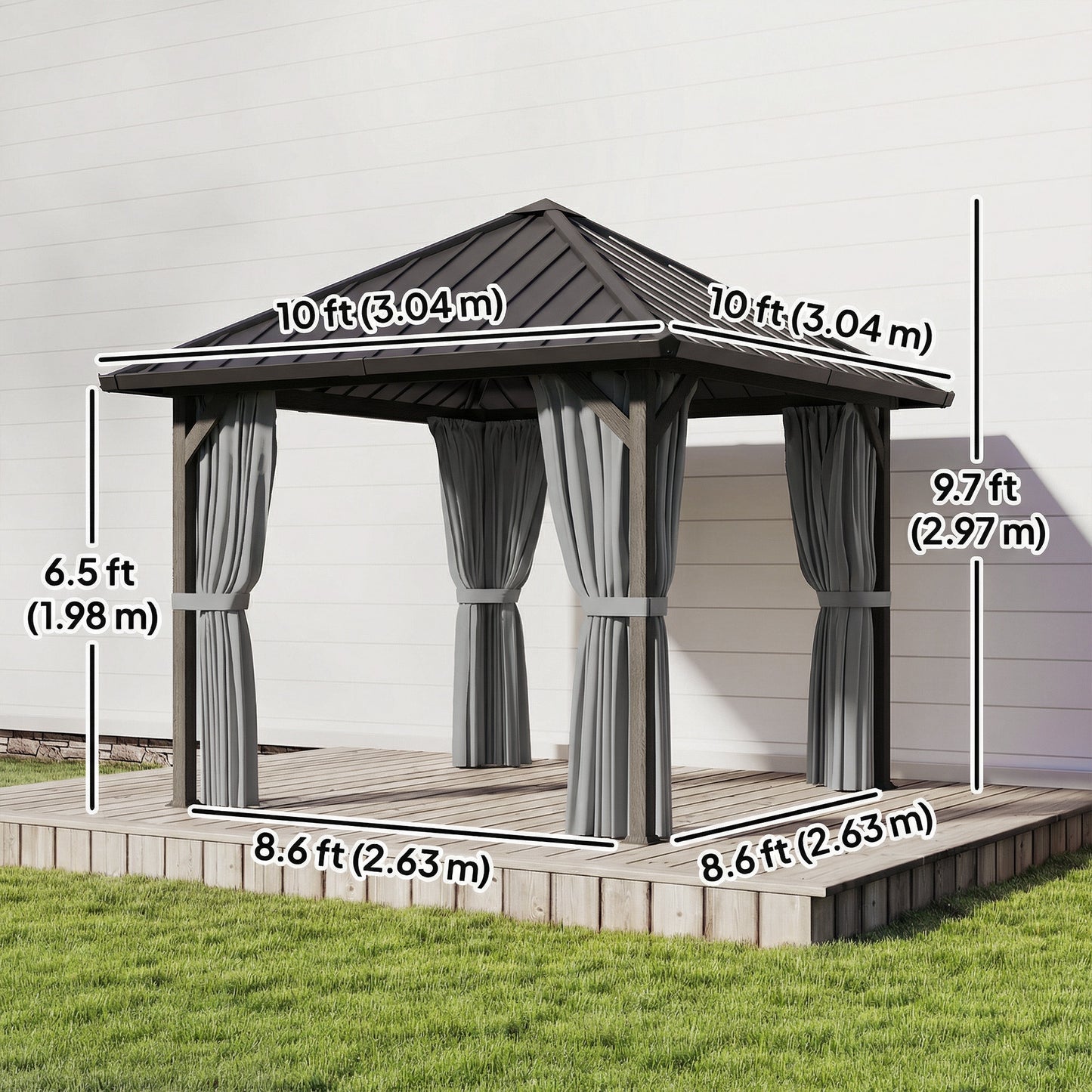 10' x 10' Hardtop Gazebo with Galvanized Steel Roof, Permanent Garden Gazebo with Netting and Curtains