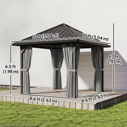 10' x 10' Hardtop Gazebo with Galvanized Steel Roof, Permanent Garden Gazebo with Netting and Curtains
