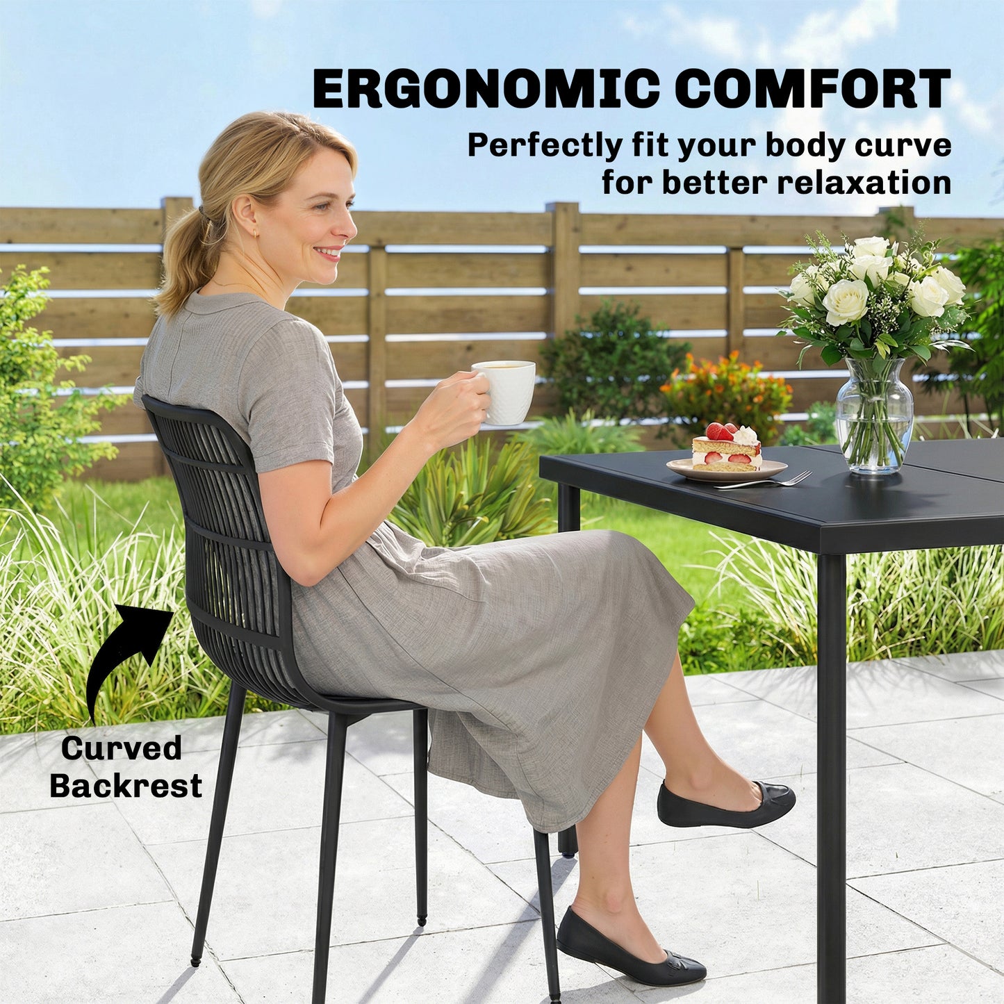 Set of 4 Outdoor Patio Dining Chairs, Durable Garden Chairs with Slotted Backrest Design for Dining Room, Kitchen and Outdoor Use, Black