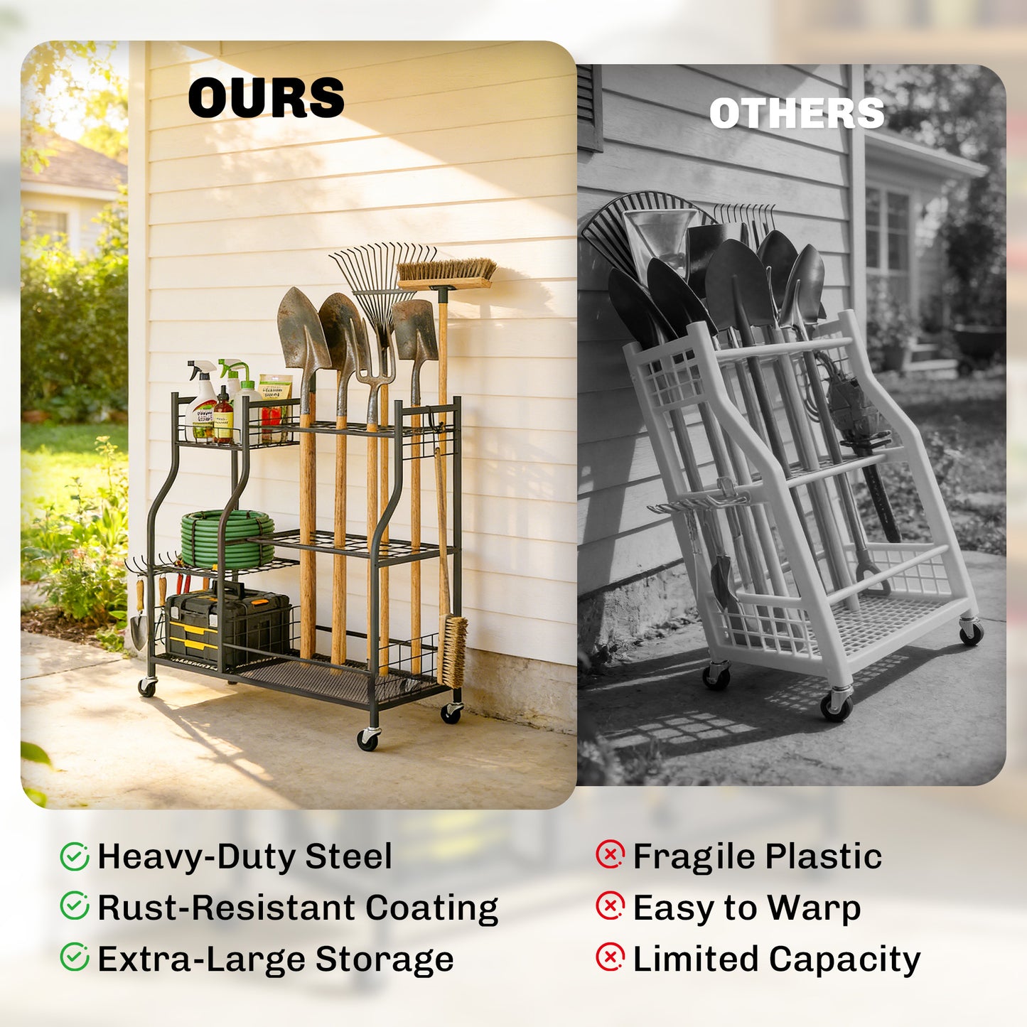Garden Tool Organizer for Garage, 3-Tier Yard Tool Storage Rack with 74 Slots, 4 Wheels and 11 Hooks