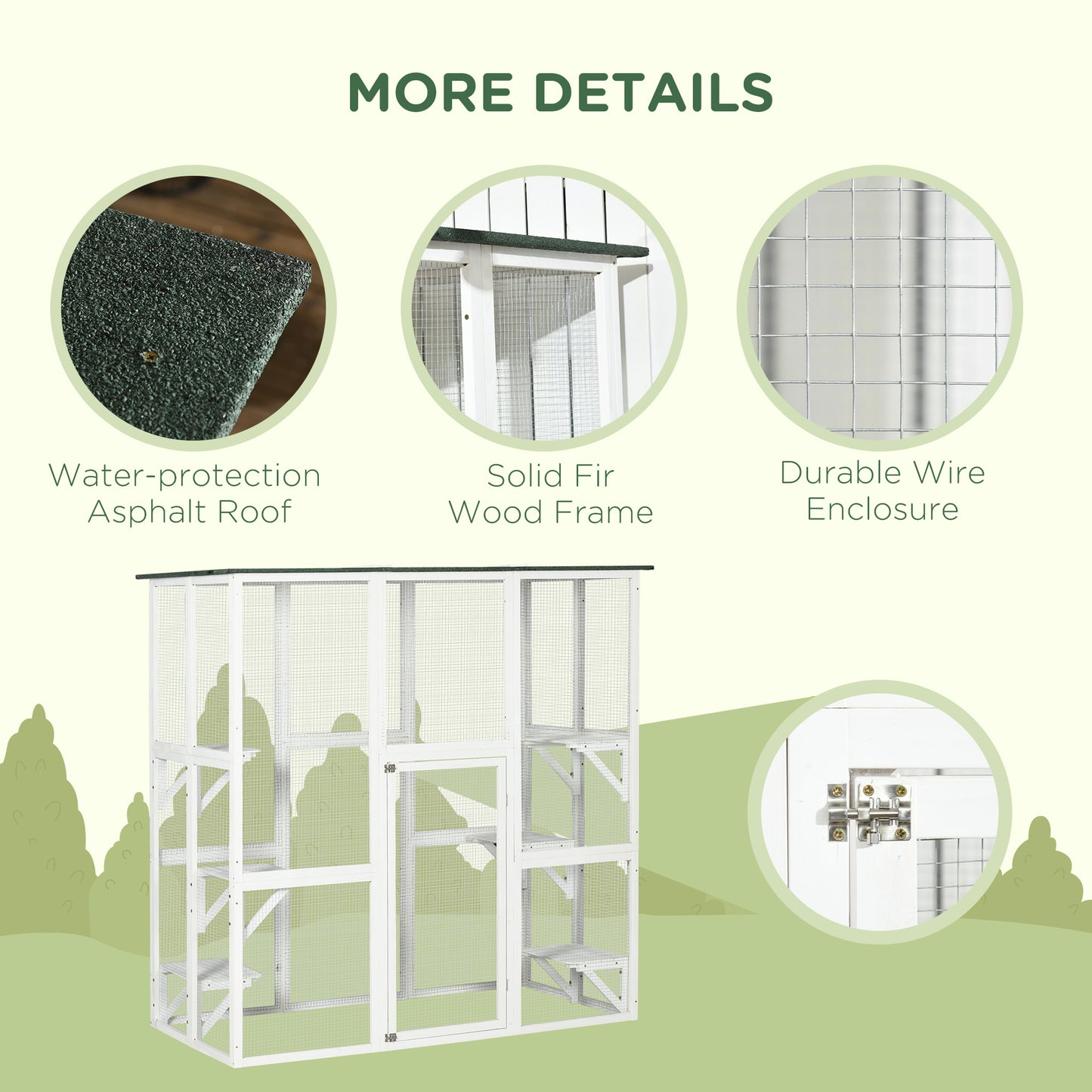 Large Outdoor Catio Enclosure, Wooden Cat Patio with 6 Balanced Platforms and Asphalt Roof, 70.9" x 38.6" x 70.9", White