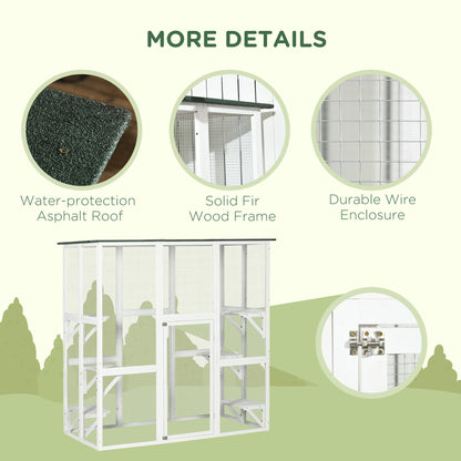 Large Outdoor Catio Enclosure, Wooden Cat Patio with 6 Balanced Platforms and Asphalt Roof, 70.9" x 38.6" x 70.9", White