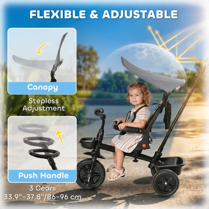 Qaba Tricycle for Toddler 4 in 1 Kids Trike, Converts Stroller to Toddler Bike, Adjustable Backrest & Flat Canopy, Detachable Guardrail & Handle for 1-5 Years Old, Grey