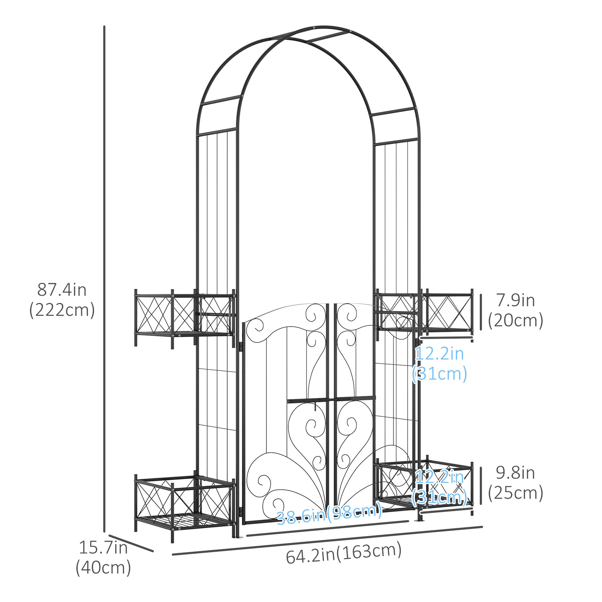 7.1FT Metal Garden Arch with Gate and 4 Planter Boxes, Garden Arbor Trellis for Climbing Plants, Outdoor Wedding, Decoration, Bridal Party, Black