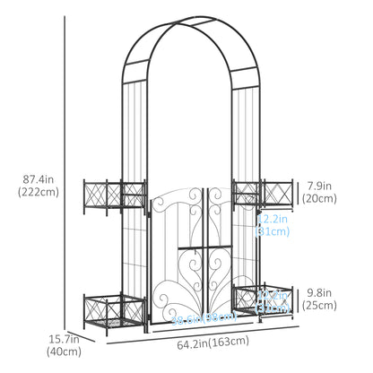 7.1FT Metal Garden Arch with Gate and 4 Planter Boxes, Garden Arbor Trellis for Climbing Plants, Outdoor Wedding, Decoration, Bridal Party, Black