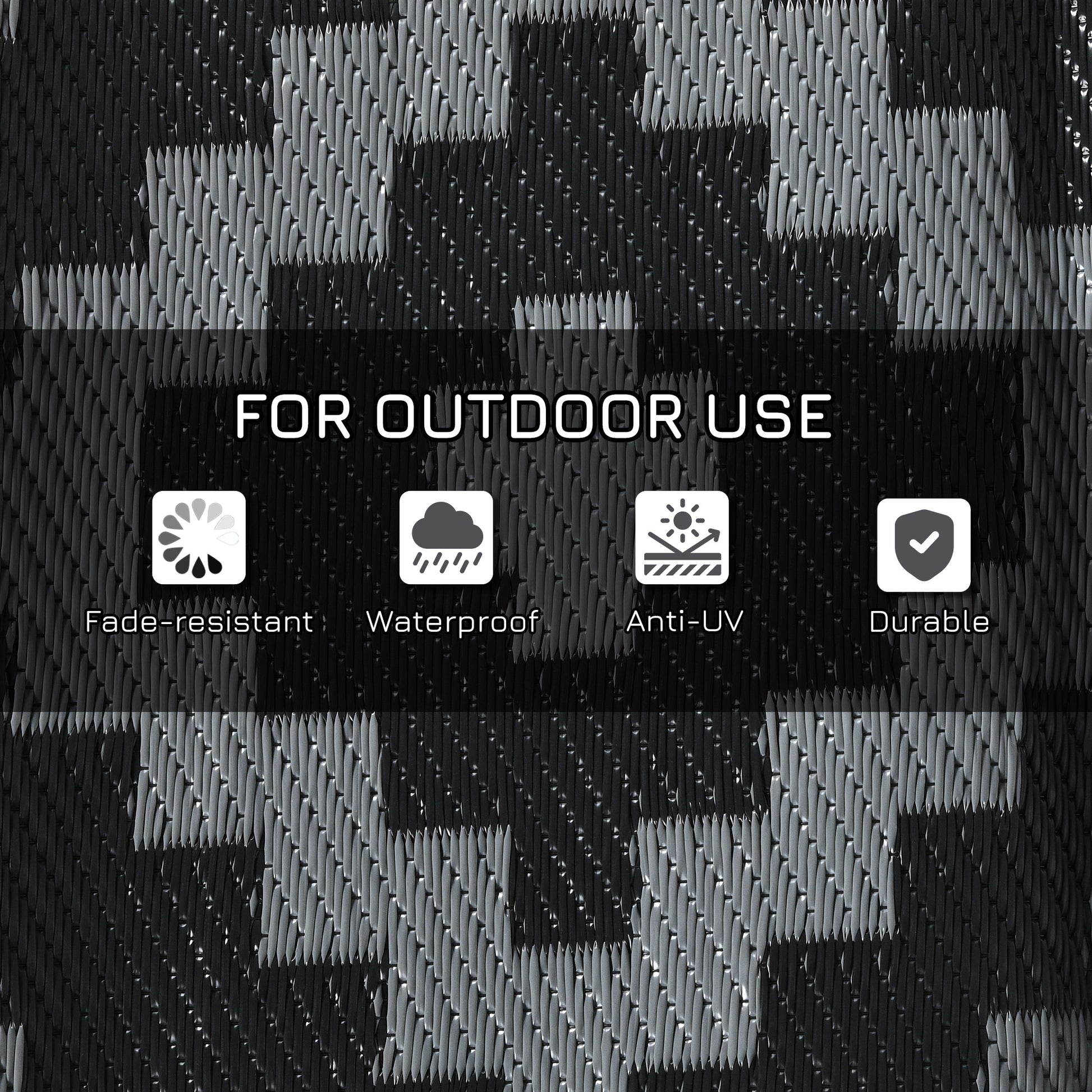 Reversible Outdoor Rug Waterproof Plastic Straw RV Rug with Carry Bag, 9' x 18', Black and Grey Geometric