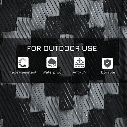 Reversible Outdoor Rug Waterproof Plastic Straw RV Rug with Carry Bag, 9' x 18', Black and Grey Geometric