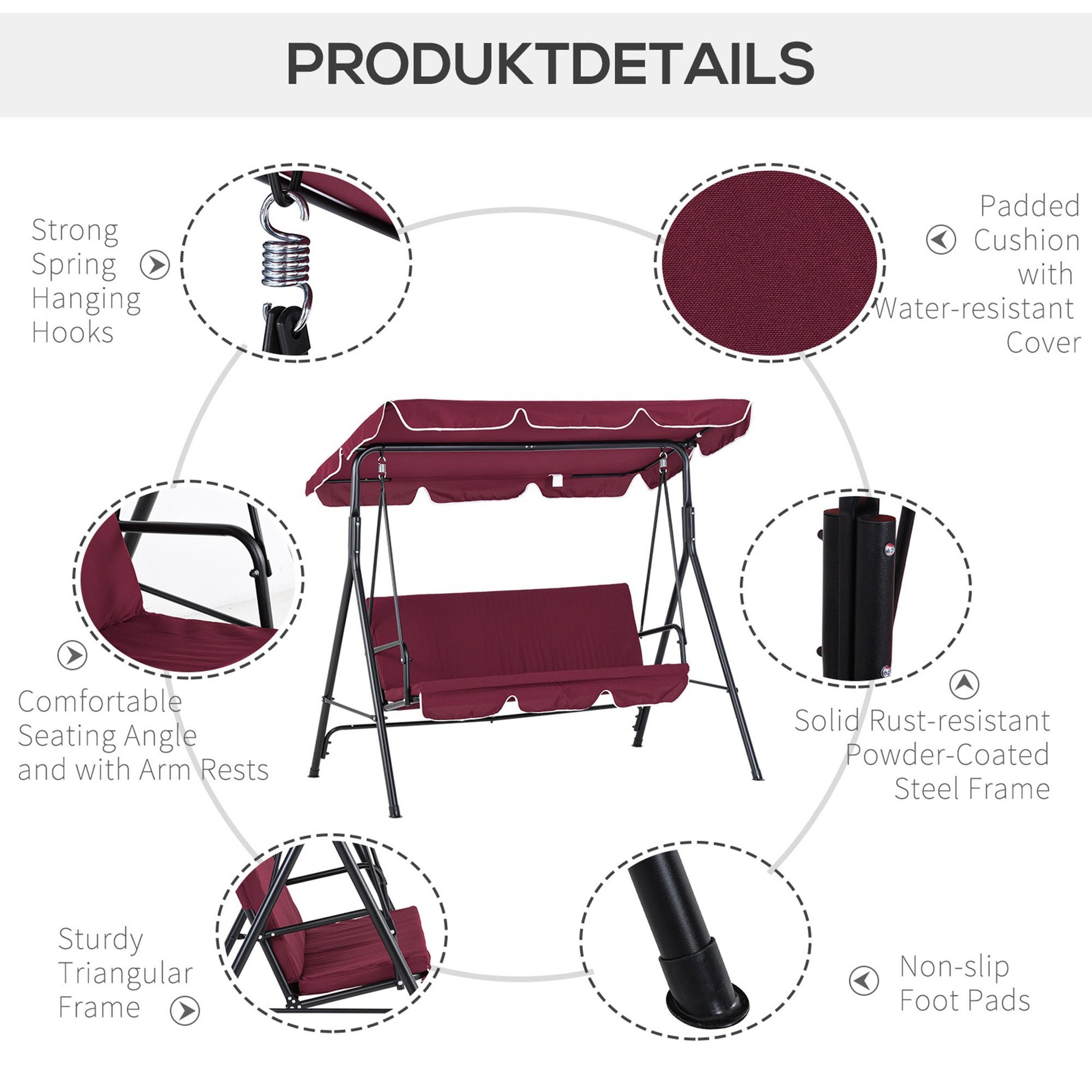 3-Seater Outdoor Porch Swing with Adjustable Canopy, Patio Swing Chair for Garden, Poolside, Backyard, Wine Red