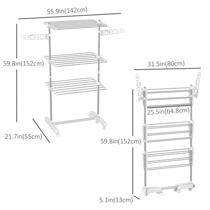 3-Tier Foldable Clothes Drying Rack, Stainless Steel Laundry Rack with 2 Side Wings and 6 Castors, Collapsible Adjustable Clothes Airer for Indoor Outdoor, White