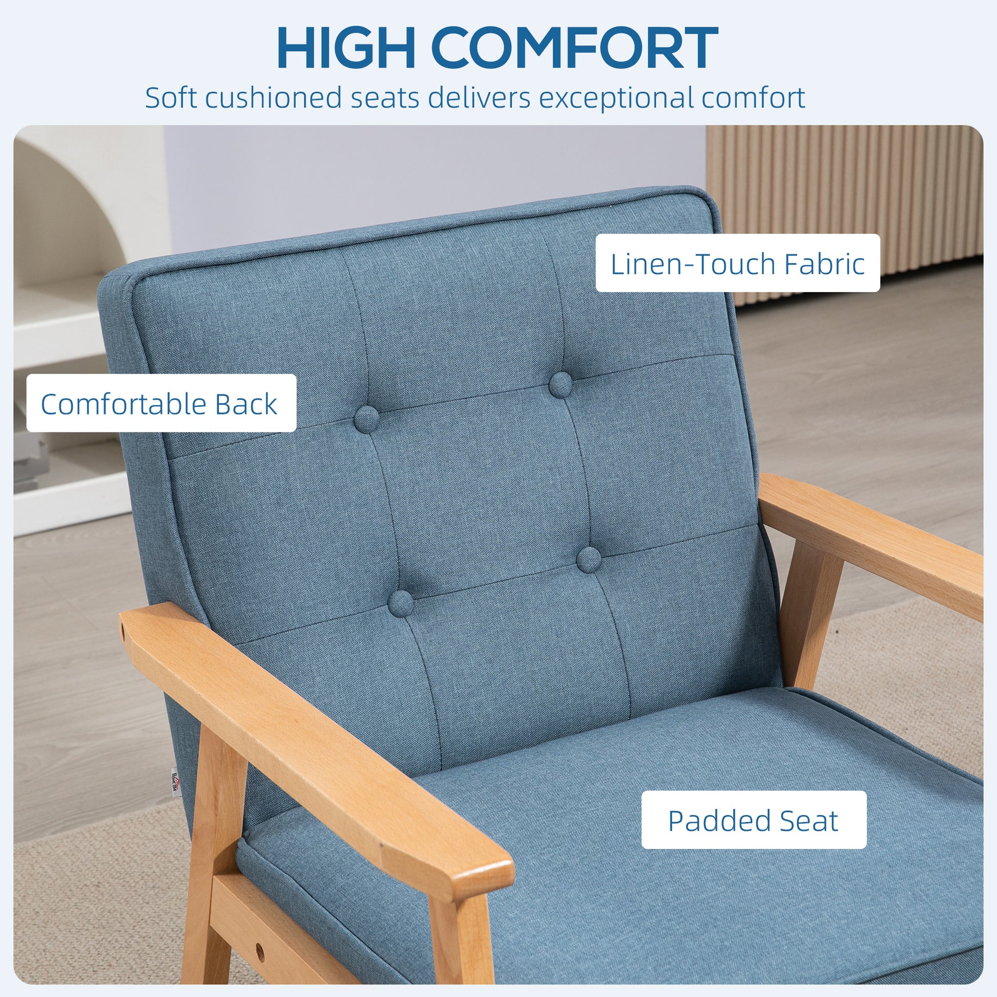 Modern Armchair Fabric, Accent Chair with Tufted Back, Wood Legs and Thick Padding for Living Room, Bedroom, Blue