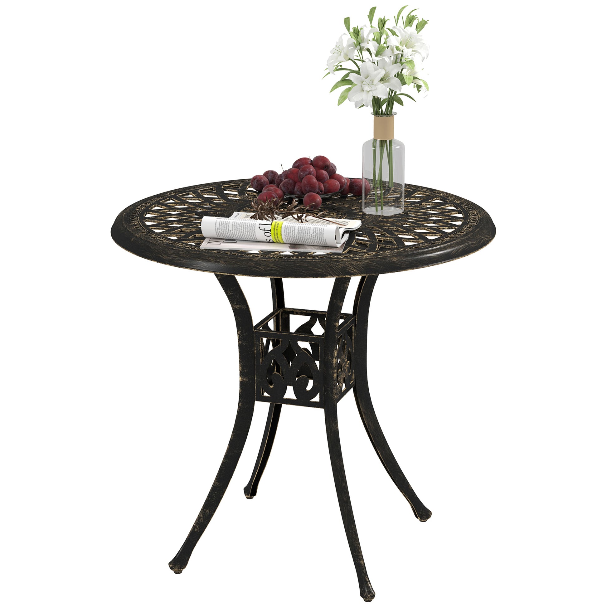 30-inch Round Patio Dining Table with Umbrella Hole Cast Aluminium Outdoor Bistro Table, Brown