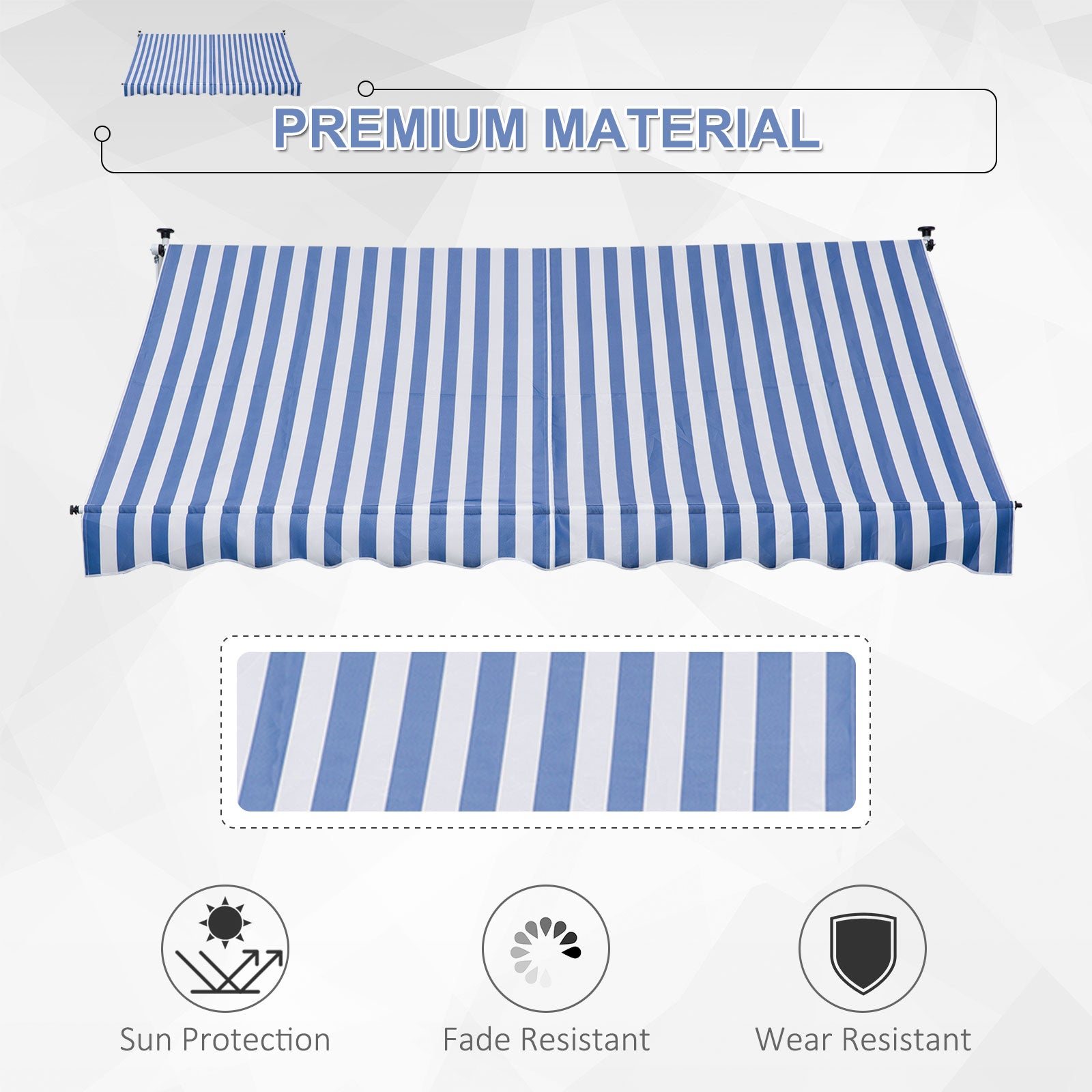 10x5ft Manual Retractable Awning, Patio Sun Shade Canopy Shelter with 5.6-9.2ft Support Pole, Water Resistant UV Protector, for Window, Door, Porch, Deck, Blue