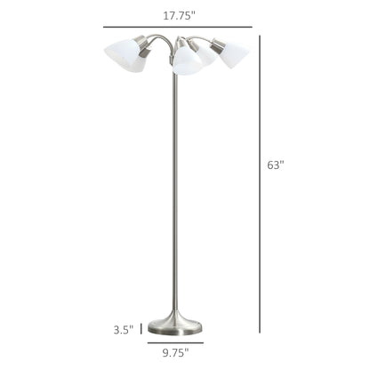 Arc Tree Floor Lamp with 5 Adjustable Rotating Lights, Modern Standing Gooseneck Reading Light for Living Room Bedroom Office, Satin Nickel