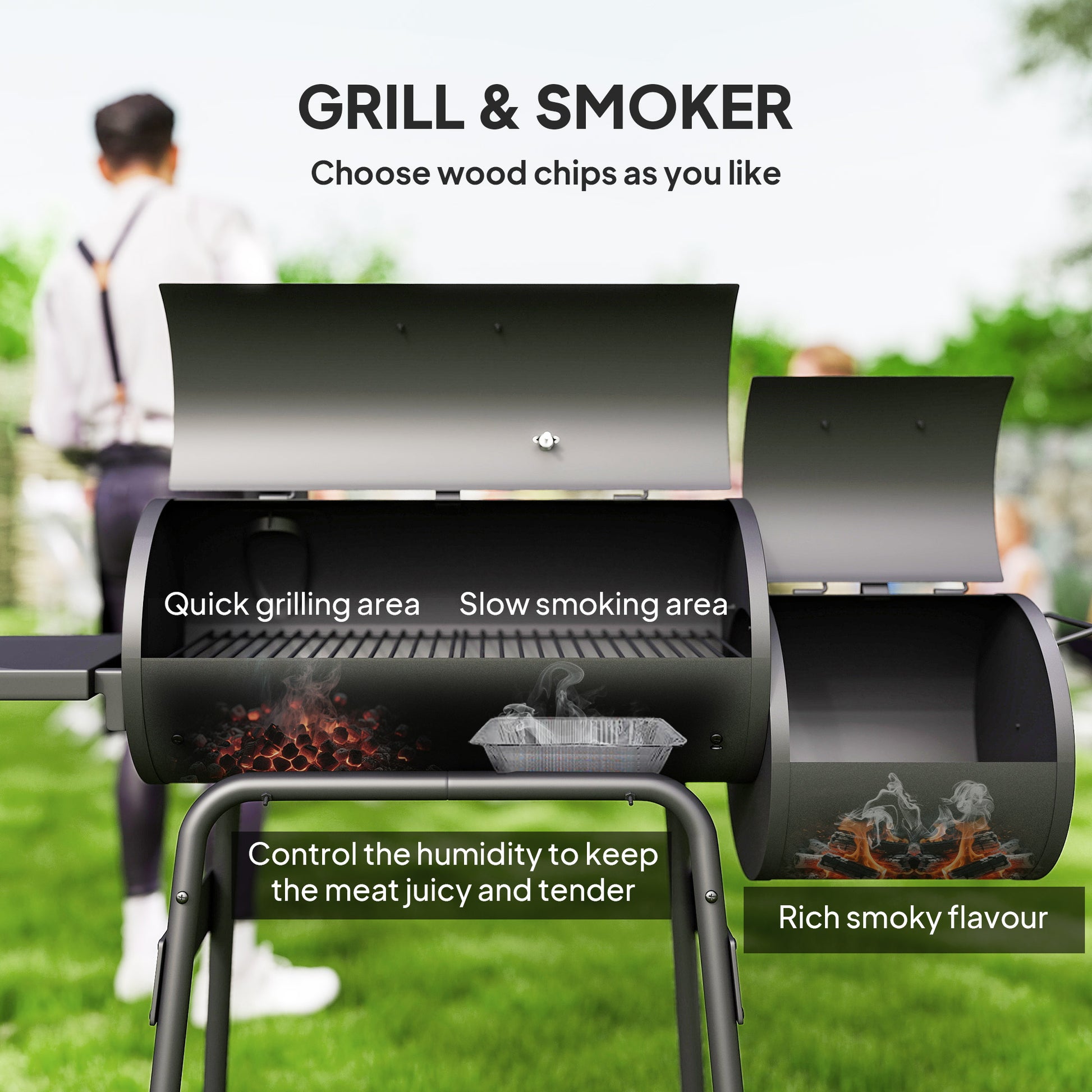 Charcoal BBQ Grill with Offset Smoker Portable Backyard Cooking Smoker, 124 x 53 x 104 cm, Black