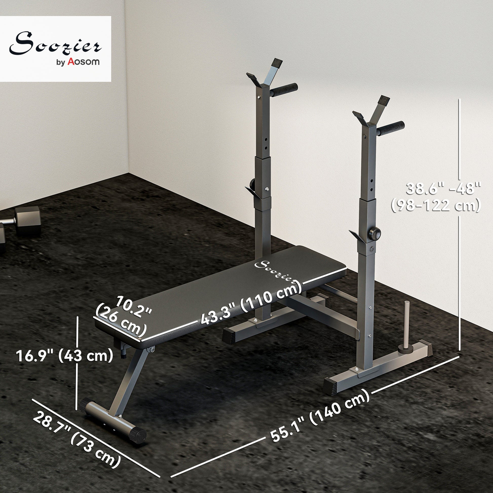 Soozier Adjustable Weight Bench, Foldable Bench Press with Barbell Rack and Dip Station for Home Gym, Strength Training Multiuse Workout Bench, Black and Grey