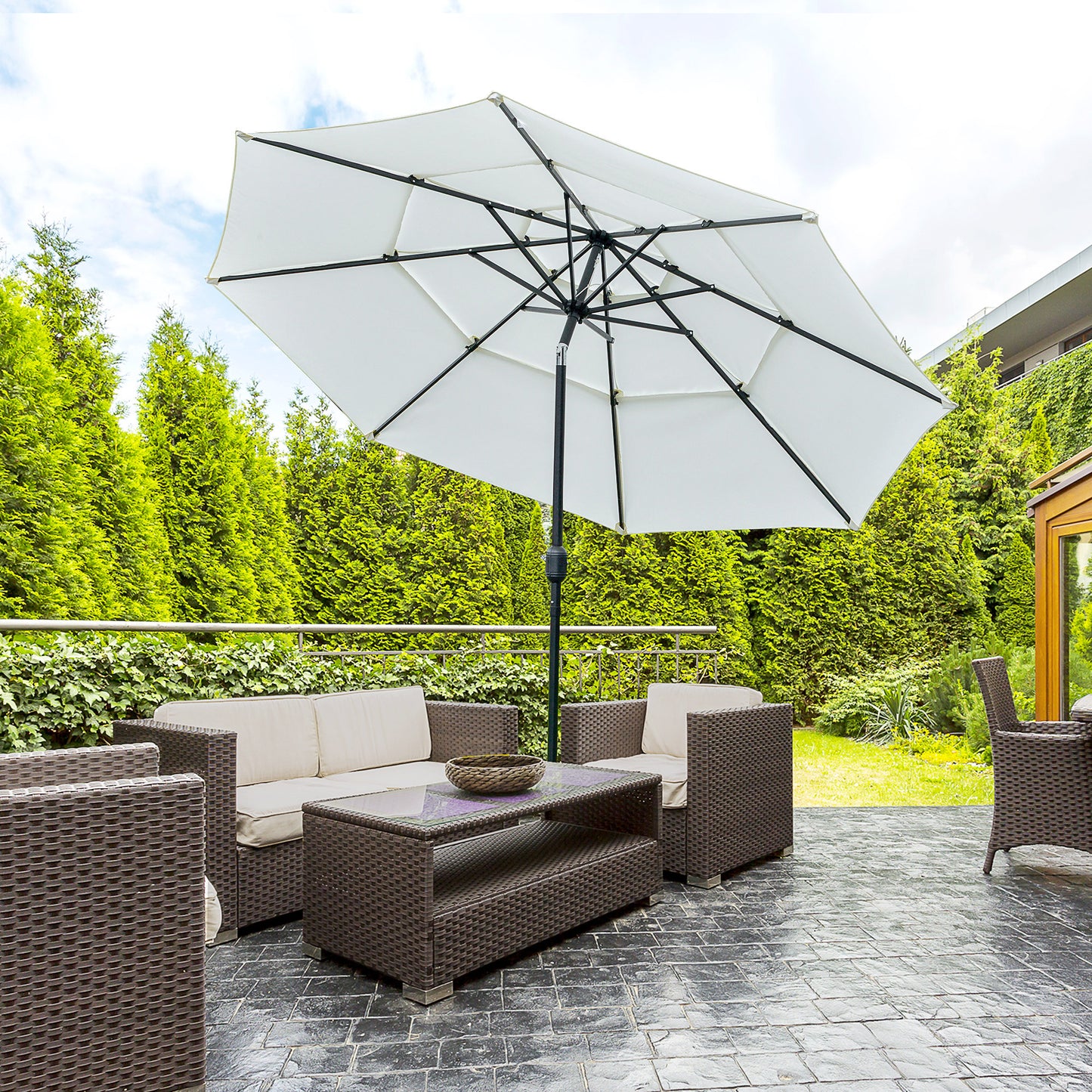 9FT 3 Tiers Patio Umbrella Outdoor Market Umbrella with Crank, Push Button Tilt for Deck, Backyard and Lawn, Cream White