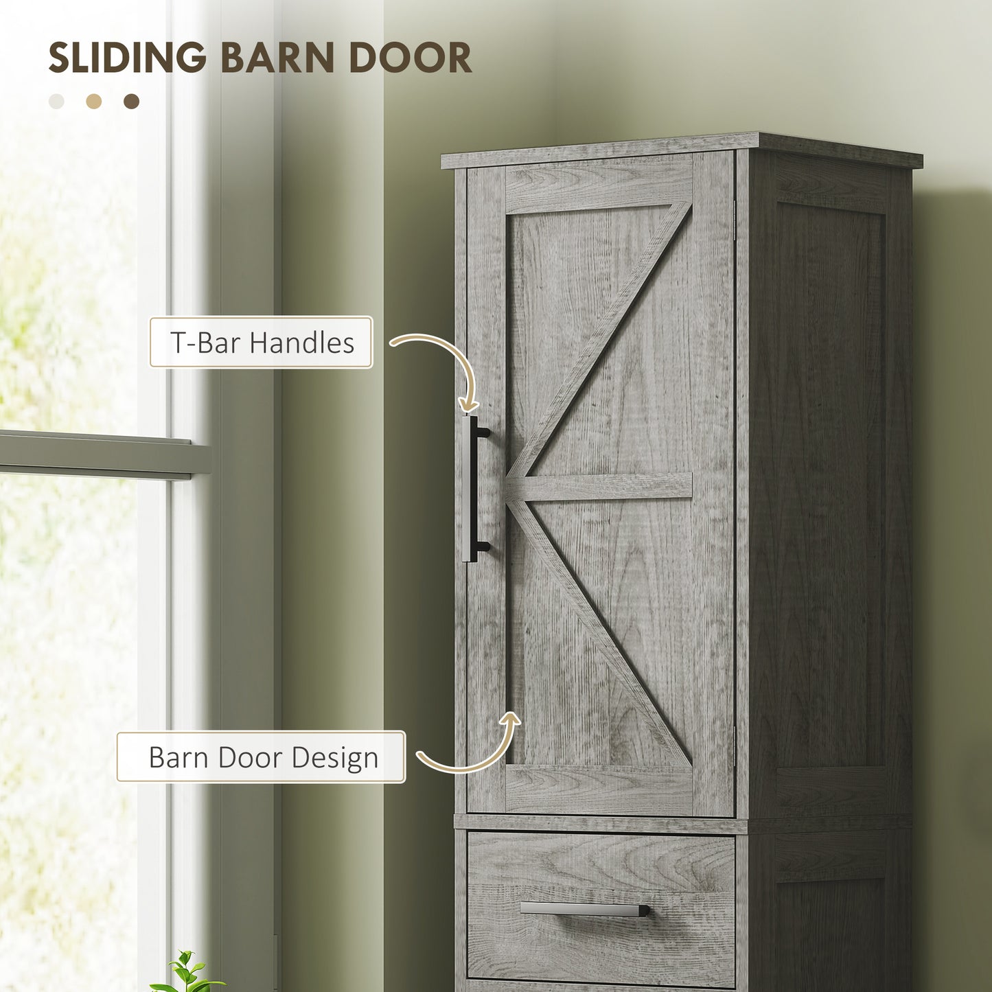 67" Tall Bathroom Cabinet, Narrow Bathroom Storage Cabinet with Drawer, Barn Doors and Adjustable Shelves, Dark Grey