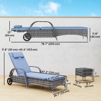 3 Pieces Wicker Patio Lounger Set with Table, PE Rattan Outdoor Lounge Chair Set with Cushions, Wheels, 5-Level Reclining Backrest, Headrest, Grey