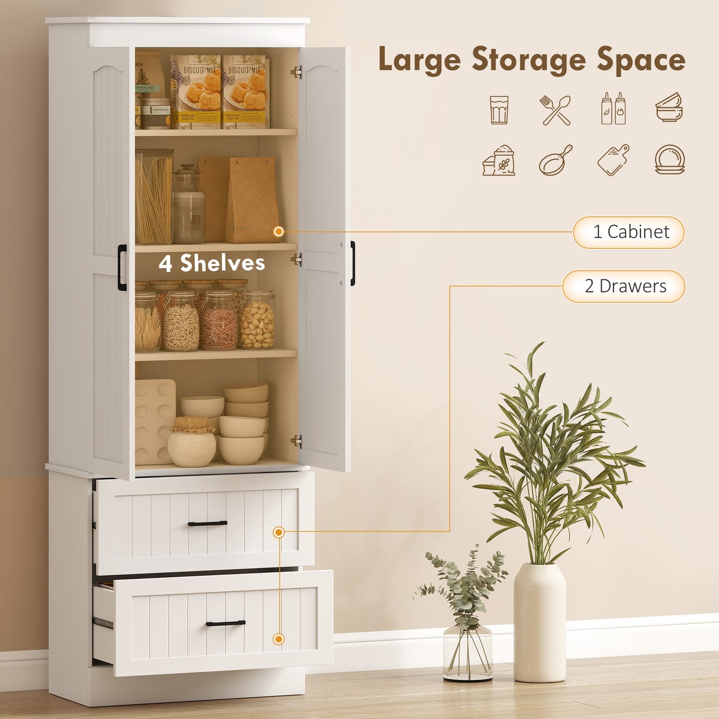 Tall Pantry Cabinet, 67" Kitchen Storage Cabinet with Adjustable Shelves and 2 Drawers for Kitchen, Dining Room, White
