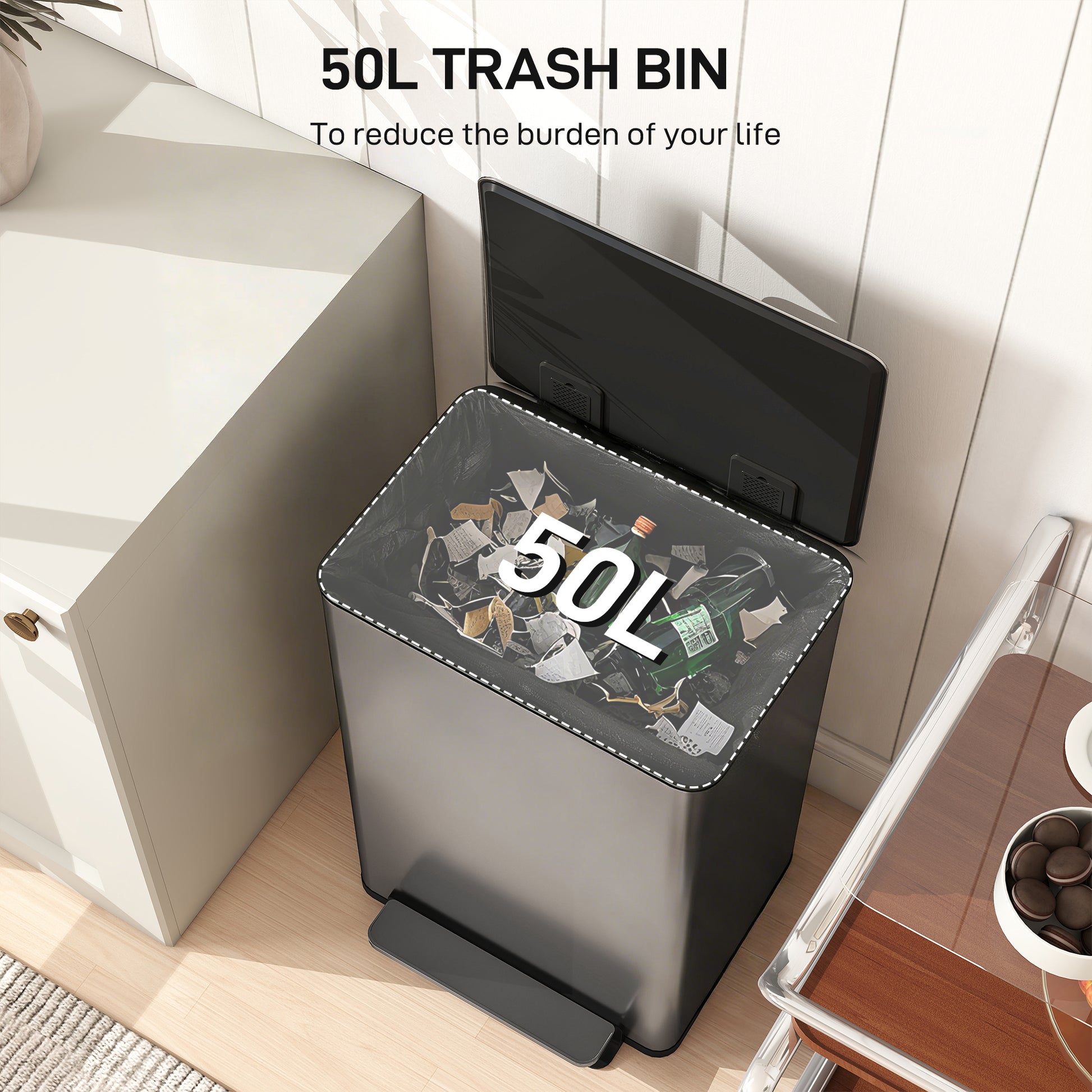 Trash Can with Soft-Close Lid, Garbage Can with Removable Inner Bucket for Kitchen 13.2gal, Silver