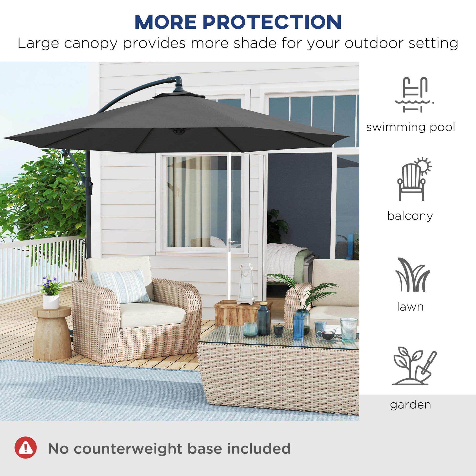10' Deluxe Patio Umbrella, Outdoor Market Parasol, Banana Hanging Offset Sunshade with Crank, Cross Base, Grey