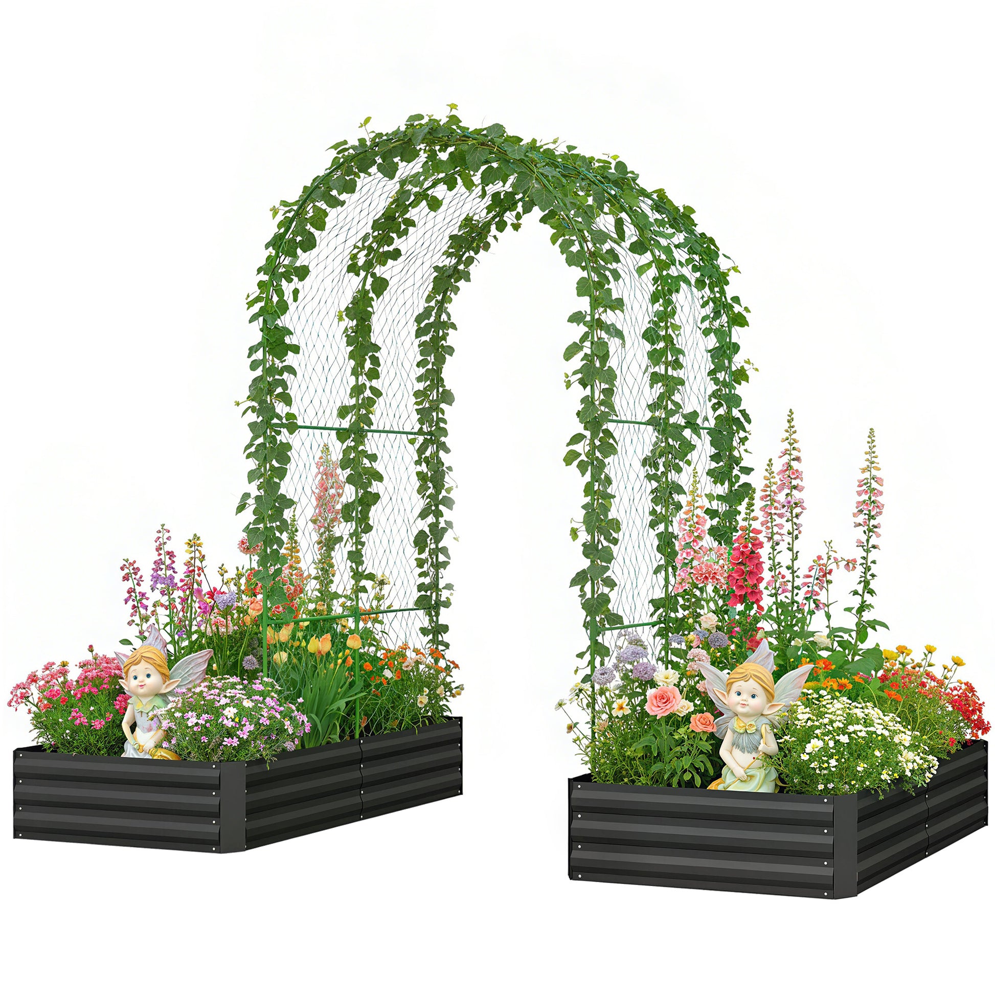 Metal Raised Garden Bed with Trellis, Galvanized Garden Bed Kit Outdoor Garden Box with Trellis, Black