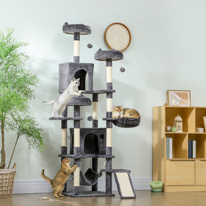76" Large Cat Tree for Indoor Cats with 8 Scratching Posts, 3 Plush Beds, 2 Hammocks, 2 Large Condos, Ramp, Dark Grey