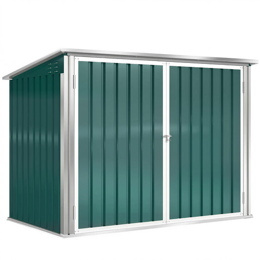 Outdoor Steel Wheelie Trash Can, Storage Shed With Double Door & Lid Rubbish Cover for 2 Trash Cans