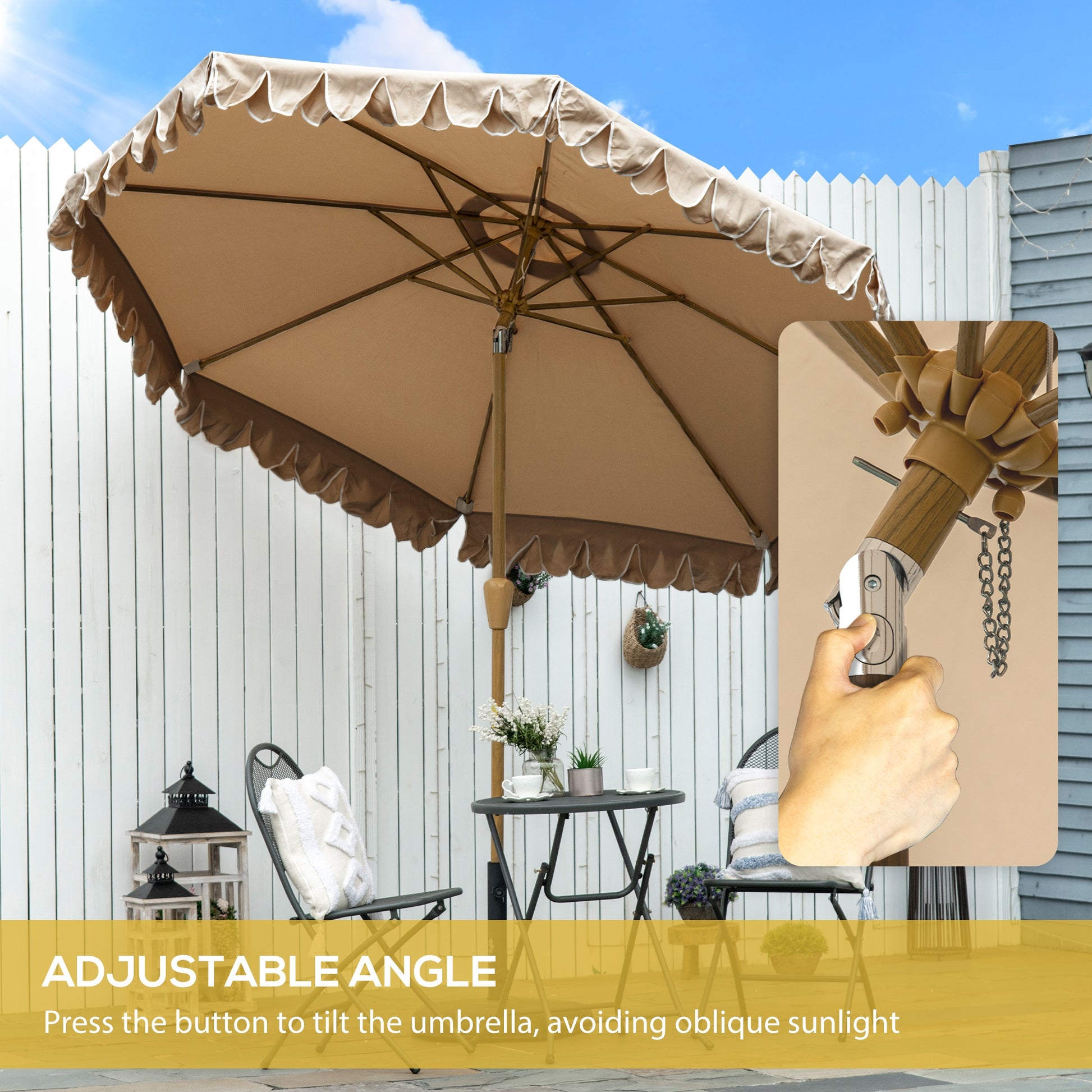 9 ft Patio Umbrella with Push Button Tilt and Crank, Double-ruffled Outdoor Market Table Umbrella Parasoll, Khaki