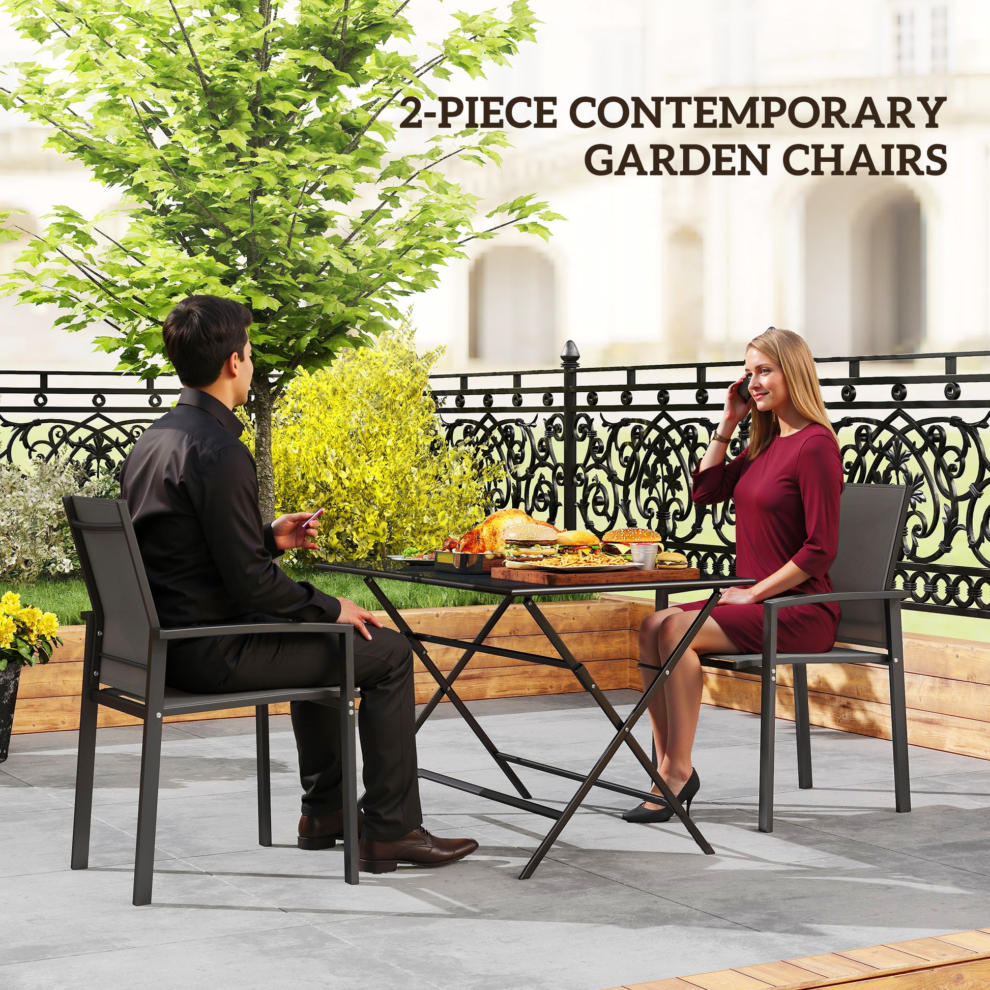 Set of 2 Outdoor Stackable Garden Dining Chairs, Patio Chairs with Breathable Fabric Seat, Armrests and Backrest for Patio, Balcony and Backyard, Dark Grey