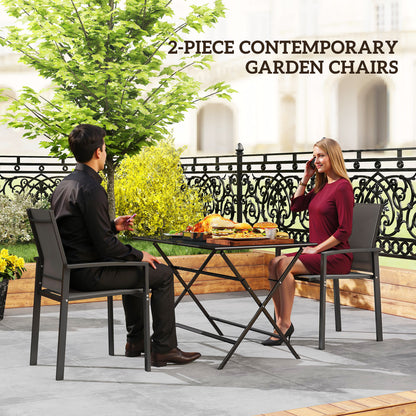 Set of 2 Outdoor Stackable Garden Dining Chairs, Patio Chairs with Breathable Fabric Seat, Armrests and Backrest for Patio, Balcony and Backyard, Dark Grey