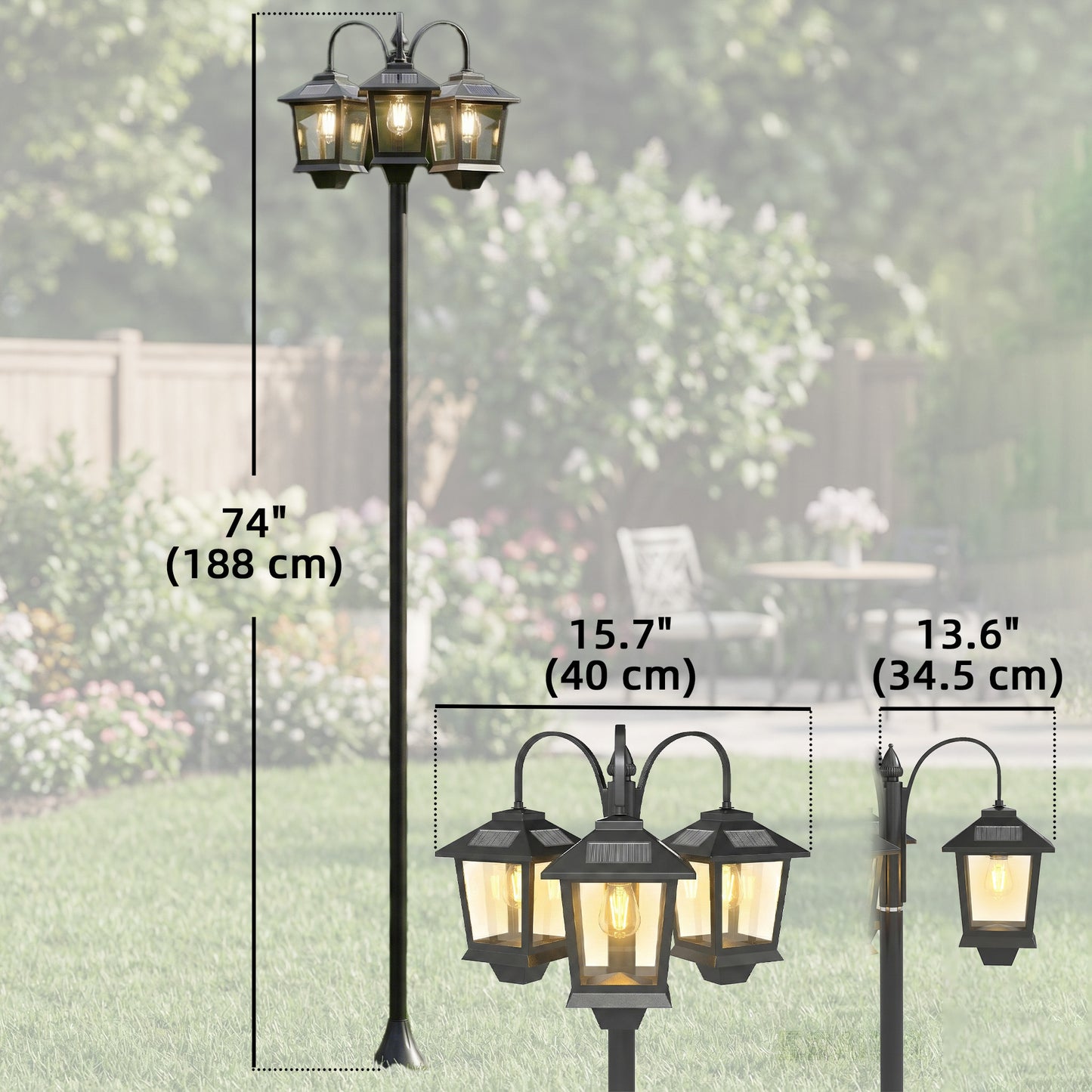 74" 3-Head Solar Lamp Post Light, Waterproof LED Solar Light Posts with Automatic Dusk-to-Dawn Sensor, IP44 Waterproof