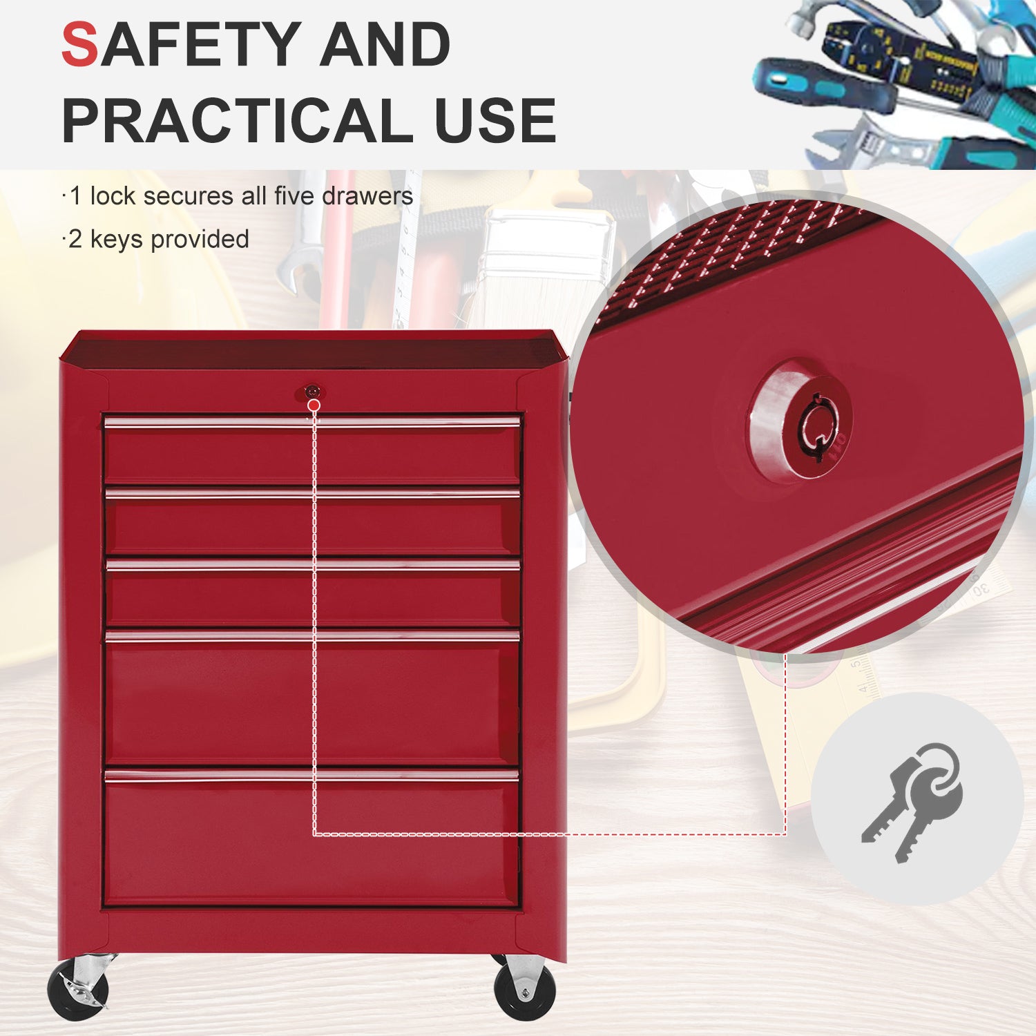 5-Drawer Rolling Tool Cabinet on Wheels, Lockable Tool Chest, Tool Organizer for Garage, Factory and Workshop, Red