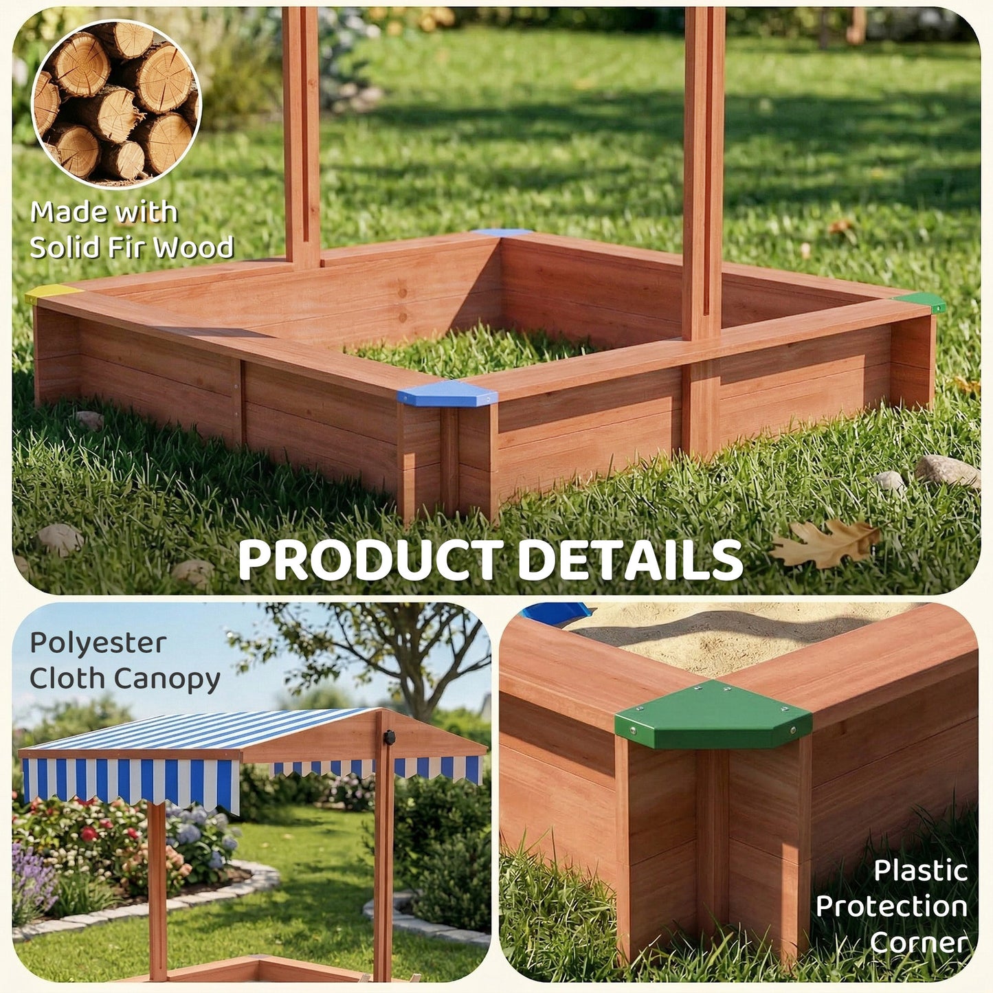 Wooden Sandbox with Cover, Kids Sandbox Outdoor with Adjustable Canopy and Seats for Backyard, Beach, Dark Brown