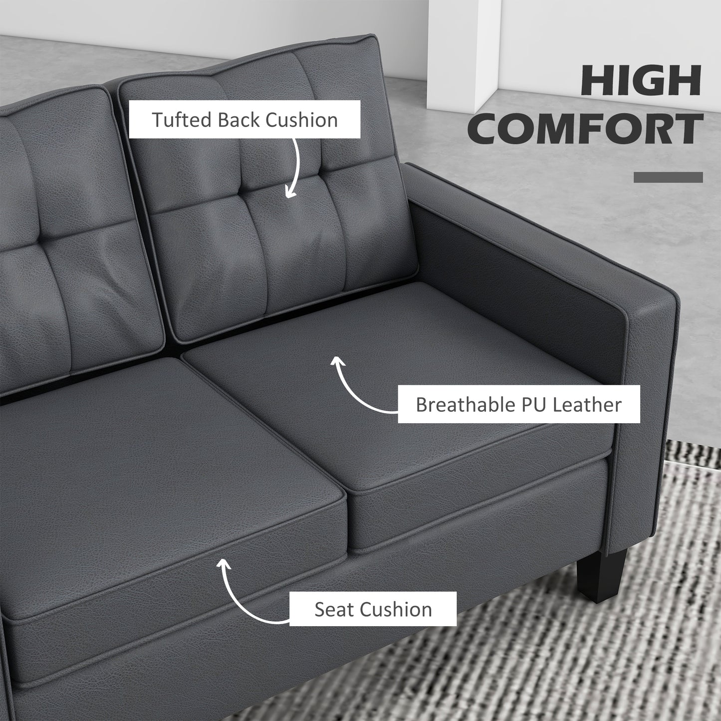51" PU Leather Loveseat, Upholstered Double Sofa Couch with Armrests, Tufted Backrest, Pocket Spring and Sponge Padded Cushion for Living Room, Bedroom, Home Office, Grey