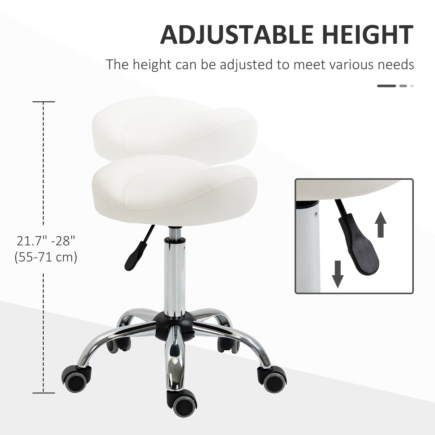 Ergonomic Saddle Stool with Wheels, Adjustable PU Leather Saddle Chair, 360° Swivel, NO Back Pain, Healthy Posture, Salon Chair for Massage Medical Home, White