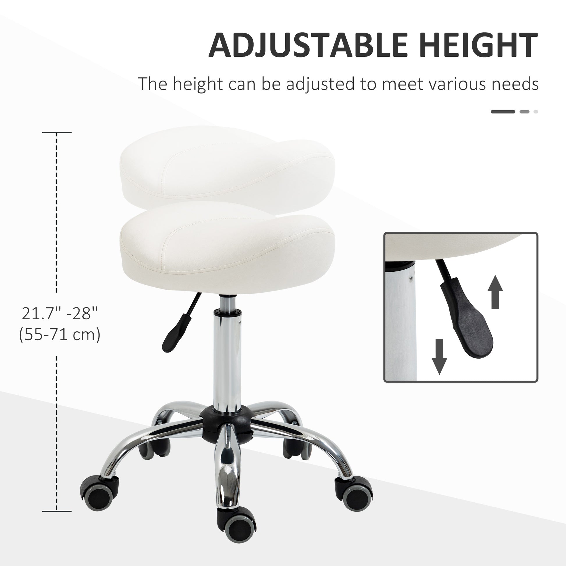Ergonomic Saddle Stool with Wheels, Adjustable PU Leather Saddle Chair, 360° Swivel, NO Back Pain, Healthy Posture, Salon Chair for Massage Medical Home, White