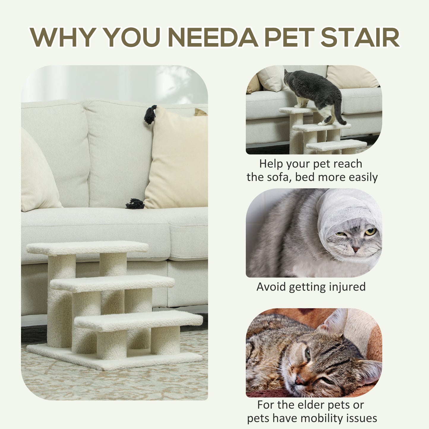 18" 3 Tier Pet Stairs Dog Cat Step Scratch Post Furniture, Beige
